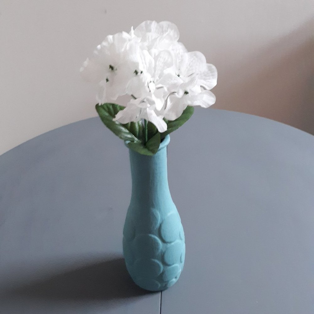 Teal Chalk Painted and Sealed Vase with White Flower
